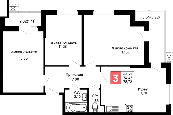 Планировка 3 комн. в ЖК Долина