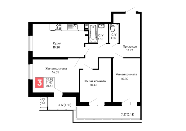 Планировка 3 комн. в ЖК Долина