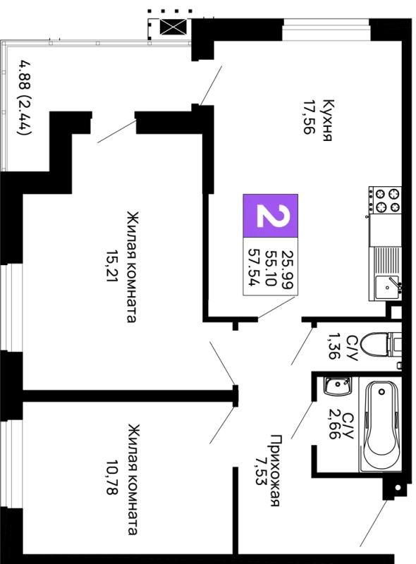 Планировка 2 комн. в ЖК Долина