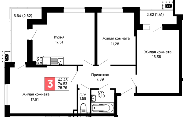 Планировка 3 комн. в ЖК Долина