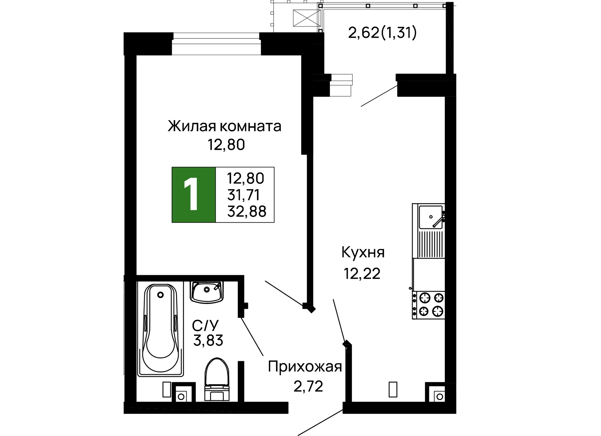 Планировка 1-комнатной квартиры 32.88 м² в ЖК Долина, г. Майкоп — фото 1