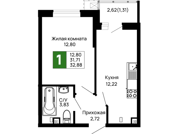 Планировка 1 комн. в ЖК Долина