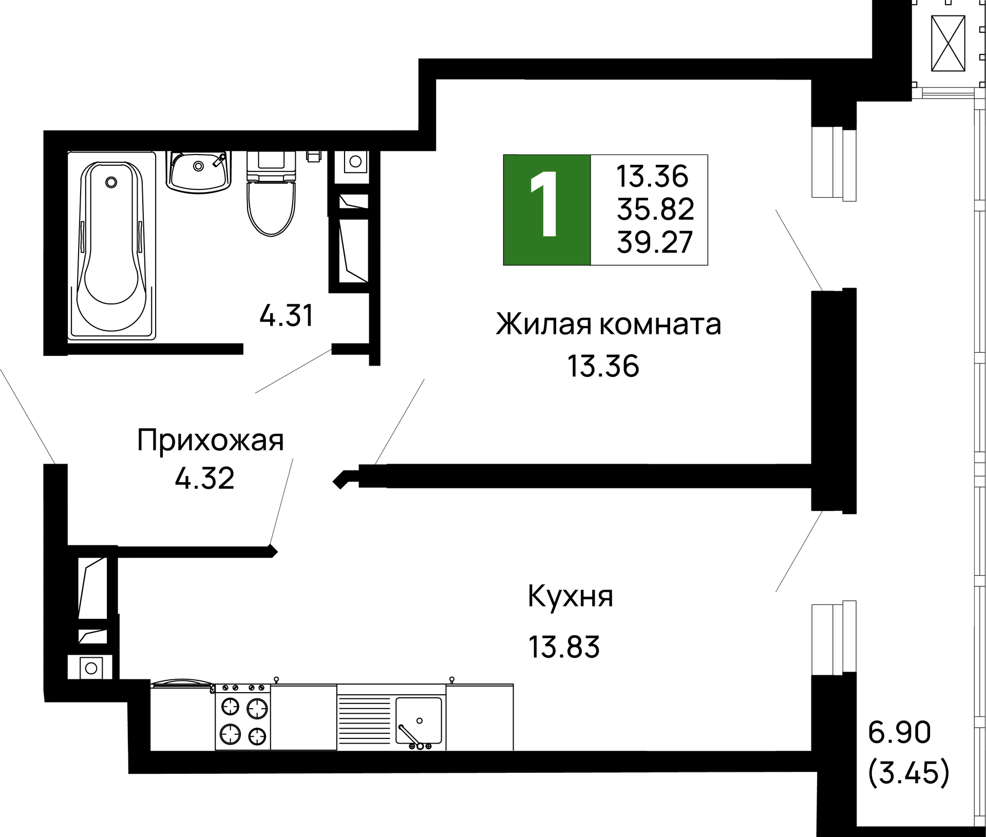 Планировка 1-комнатной квартиры 39.27 м² в ЖК Долина, г. Майкоп — фото 1