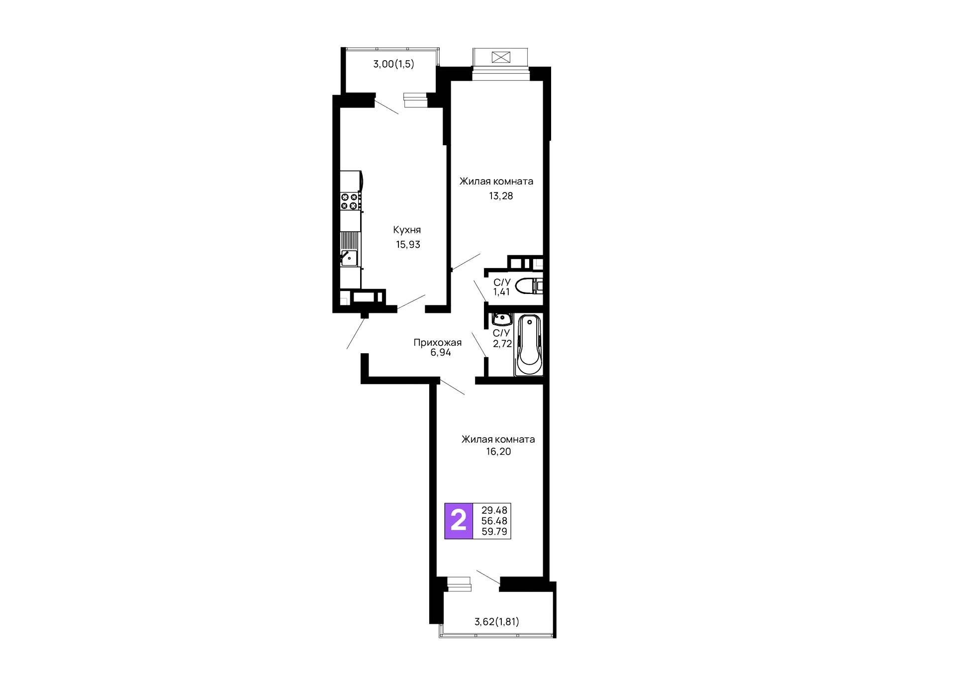 Планировка 2-комнатной квартиры 59.79 м² в ЖК Долина, г. Майкоп — фото 1