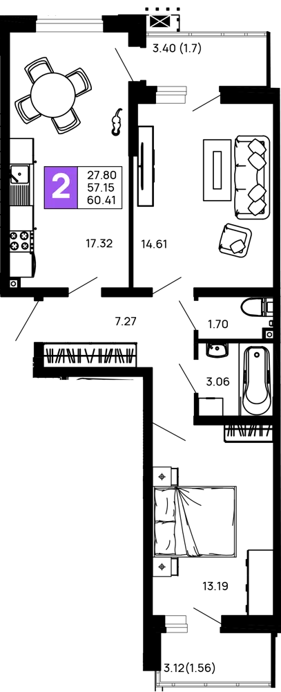 Планировка 2-комнатной квартиры 60.41 м² в ЖК Долина, г. Майкоп — фото 1