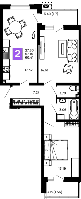 Планировка 2 комн. в ЖК Долина