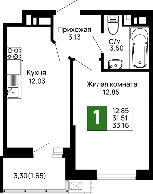 Планировка 1 комн. в ЖК Долина