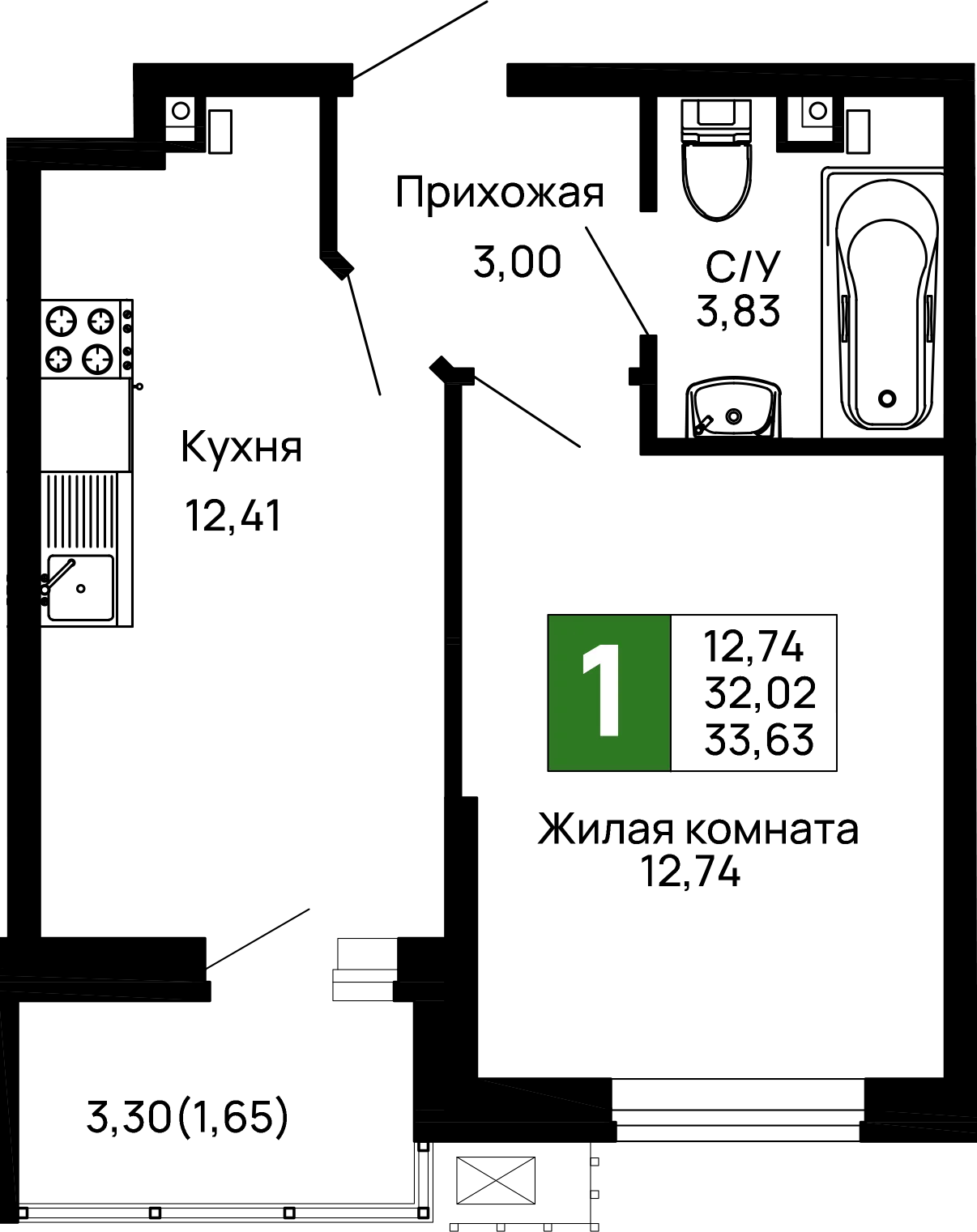 Планировка 1-комнатной квартиры 33.63 м² в ЖК Долина, г. Майкоп — фото 1