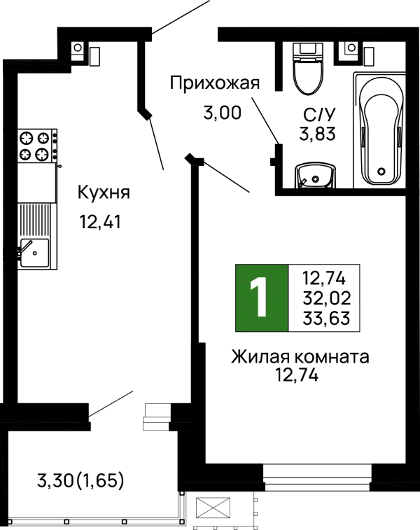 Планировка 1 комн. в ЖК Долина