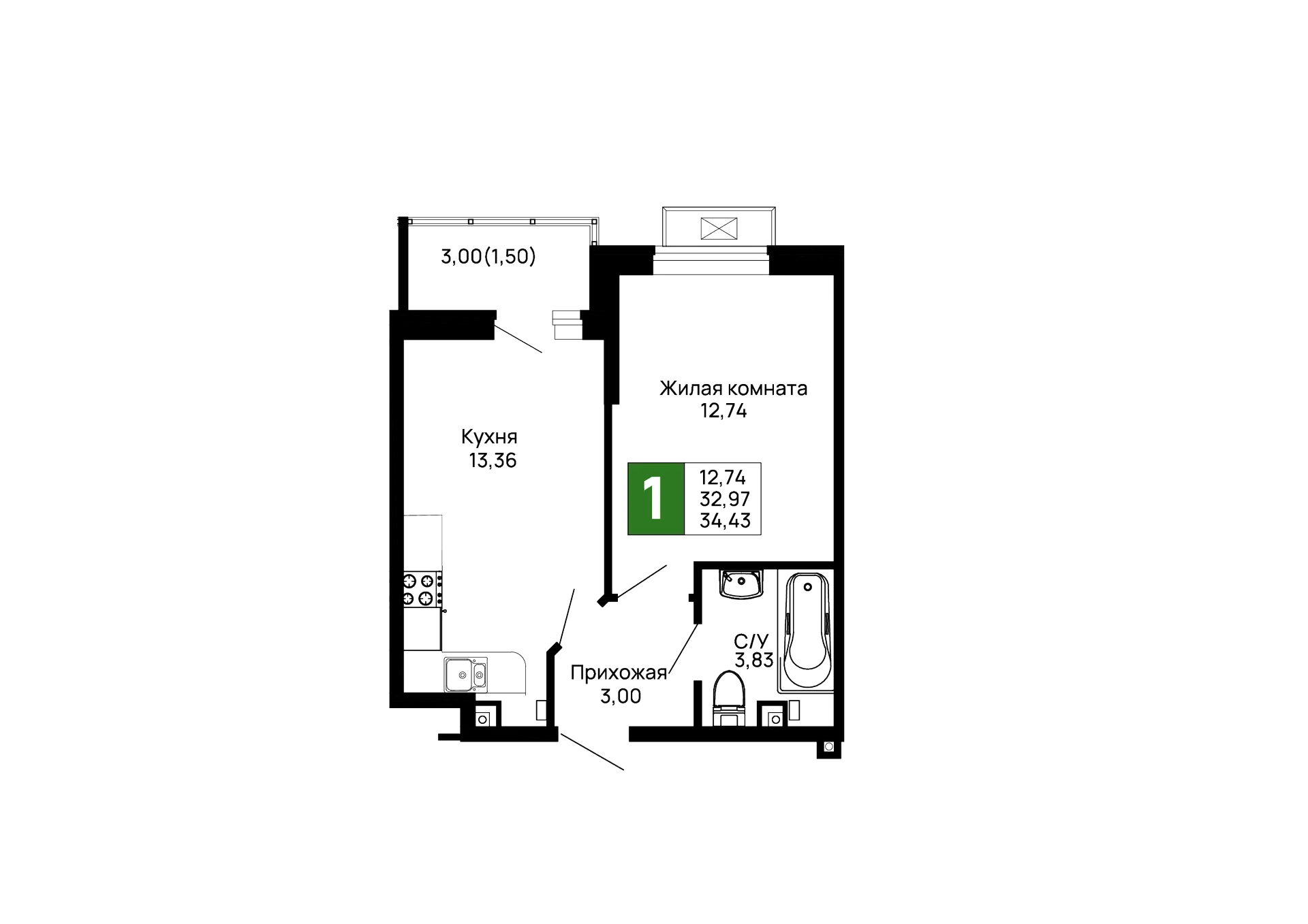 Планировка 1-комнатной квартиры 34.43 м² в ЖК Долина, г. Майкоп — фото 1