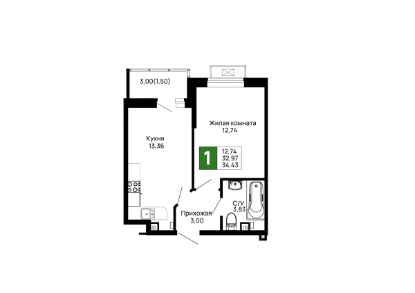 Планировка 1 комн. в ЖК Долина