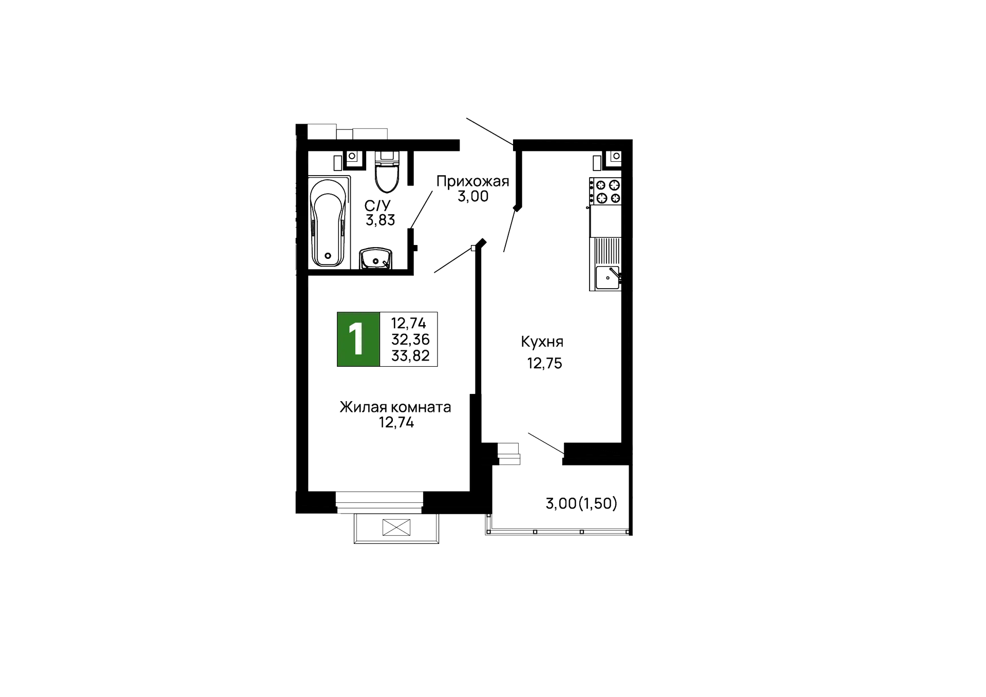 Планировка 1-комнатной квартиры 33.82 м² в ЖК Долина, г. Майкоп — фото 1