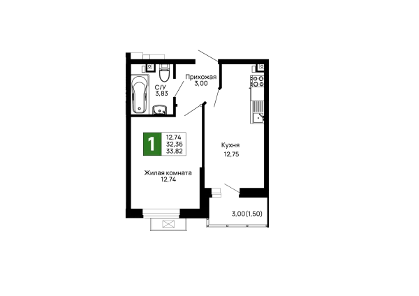 Планировка 1 комн. в ЖК Долина