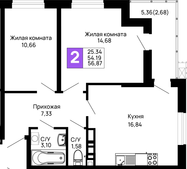 Планировка 2 комн. в ЖК Долина