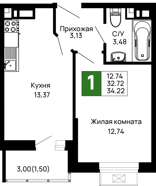 Планировка 1 комн. в ЖК Долина