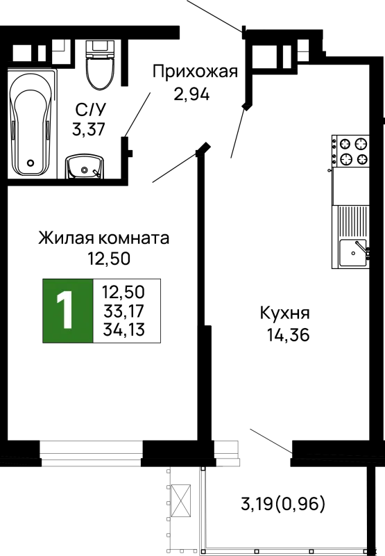 Планировка 1 комн. в ЖК Долина