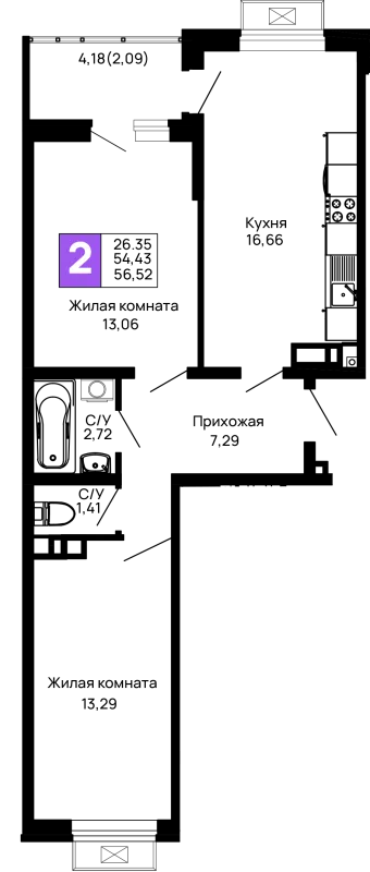 Планировка 2 комн. в ЖК Долина