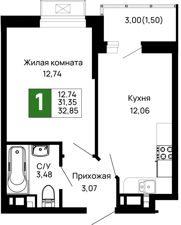 Планировка 1 комн. в ЖК Долина