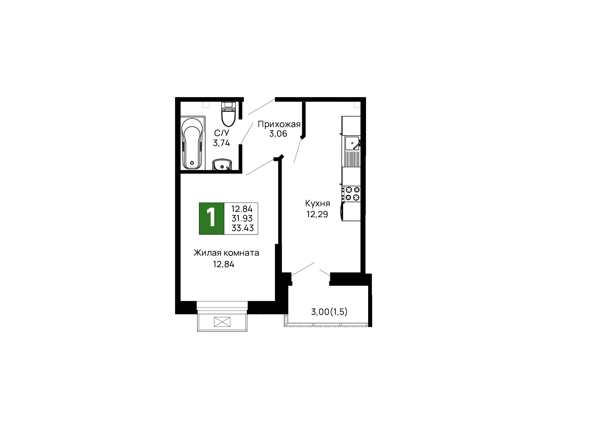 Планировка 1-комнатной квартиры 33.43 м² в ЖК Долина, г. Майкоп — фото 1