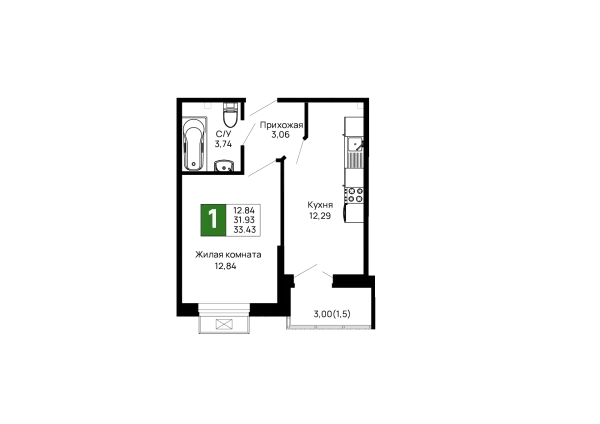 Планировка 1 комн. в ЖК Долина