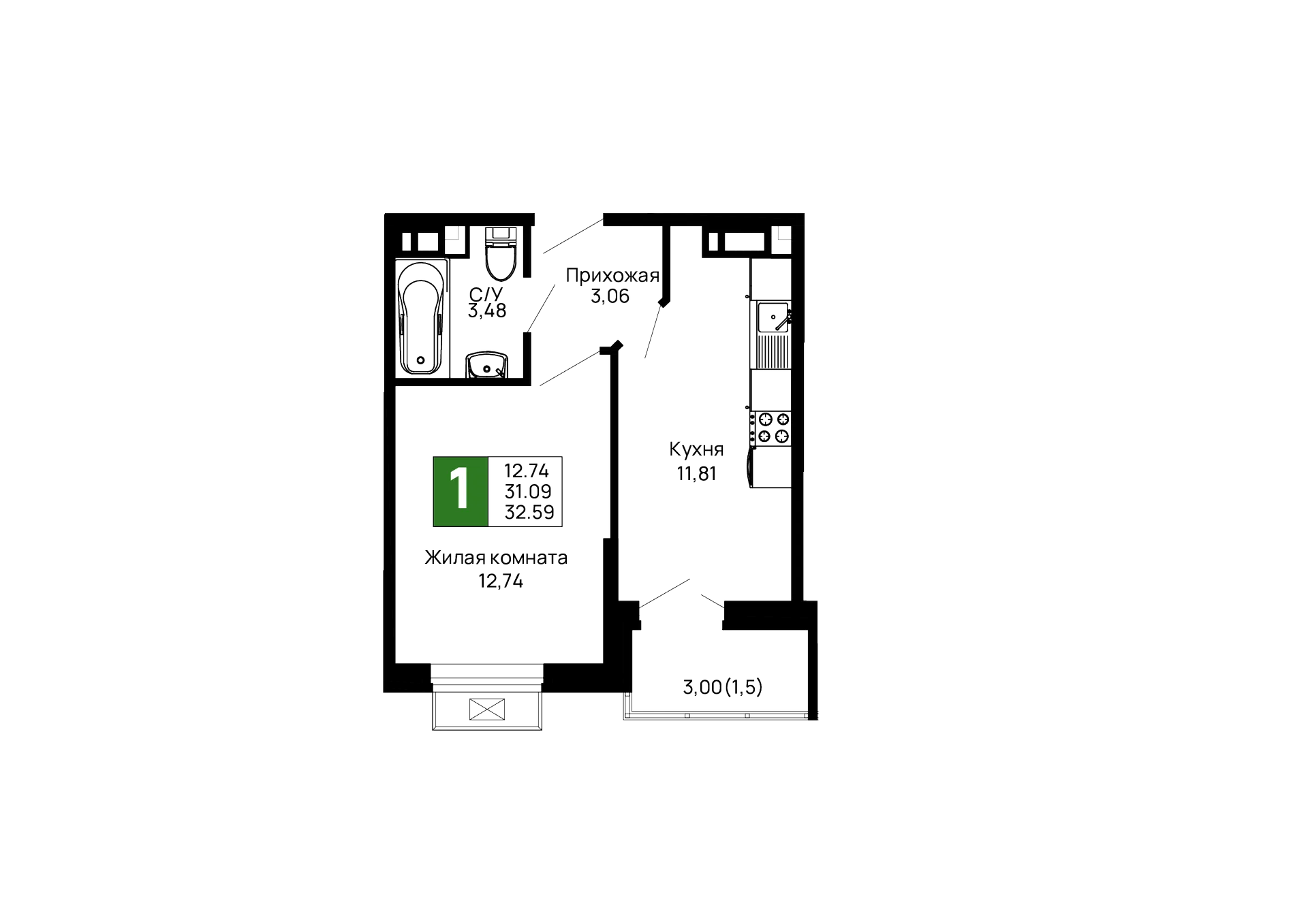 Планировка 1-комнатной квартиры 32.59 м² в ЖК Долина, г. Майкоп — фото 1