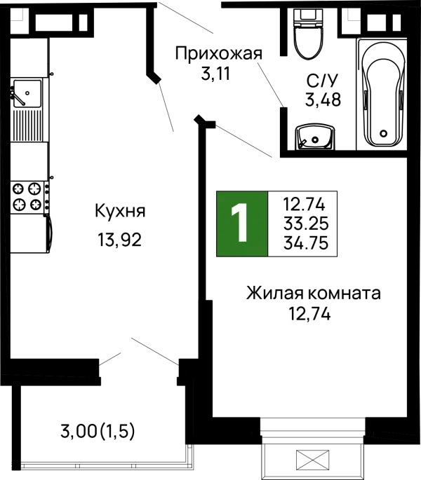 Планировка 1 комн. в ЖК Долина