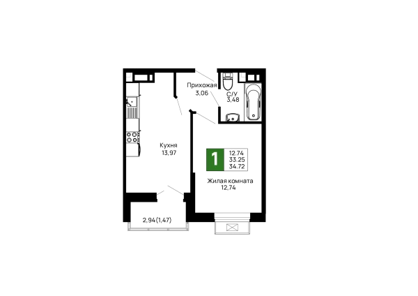 Планировка 1 комн. в ЖК Долина
