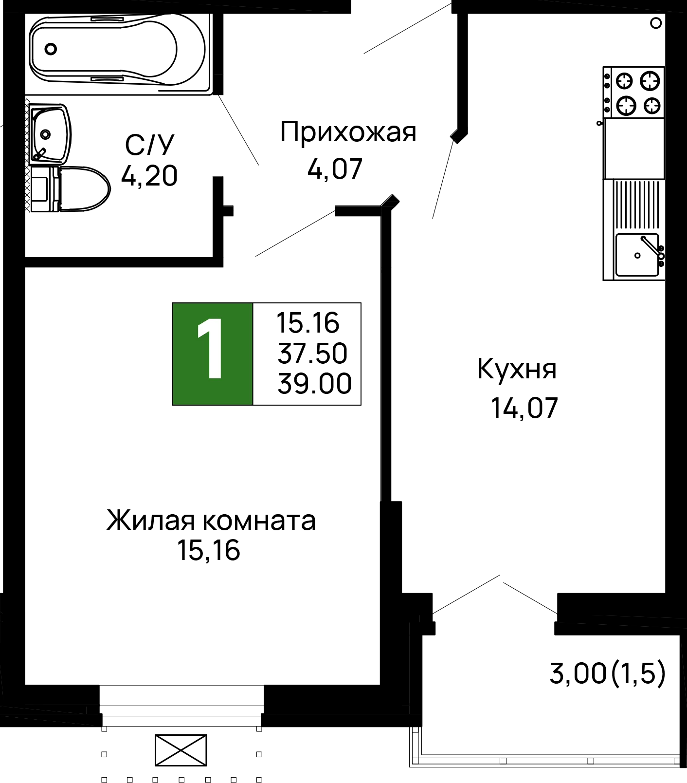 Планировка 1-комнатной квартиры 39 м² в ЖК Долина, г. Майкоп — фото 1