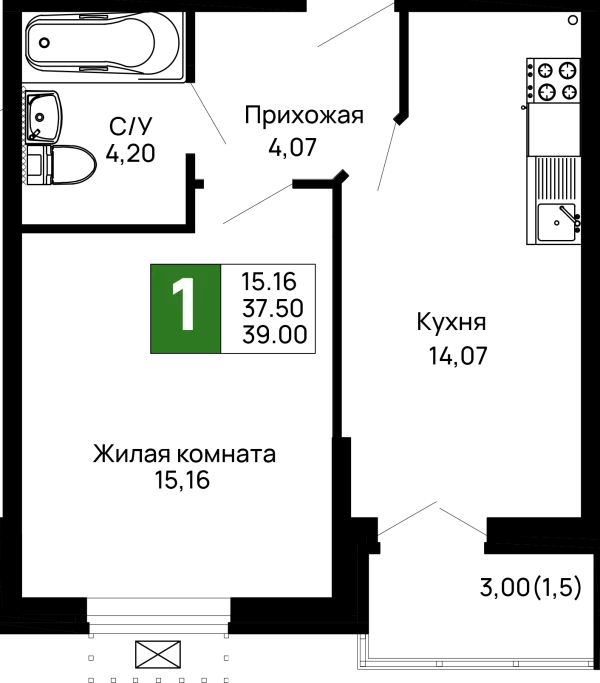 Планировка 1 комн. в ЖК Долина