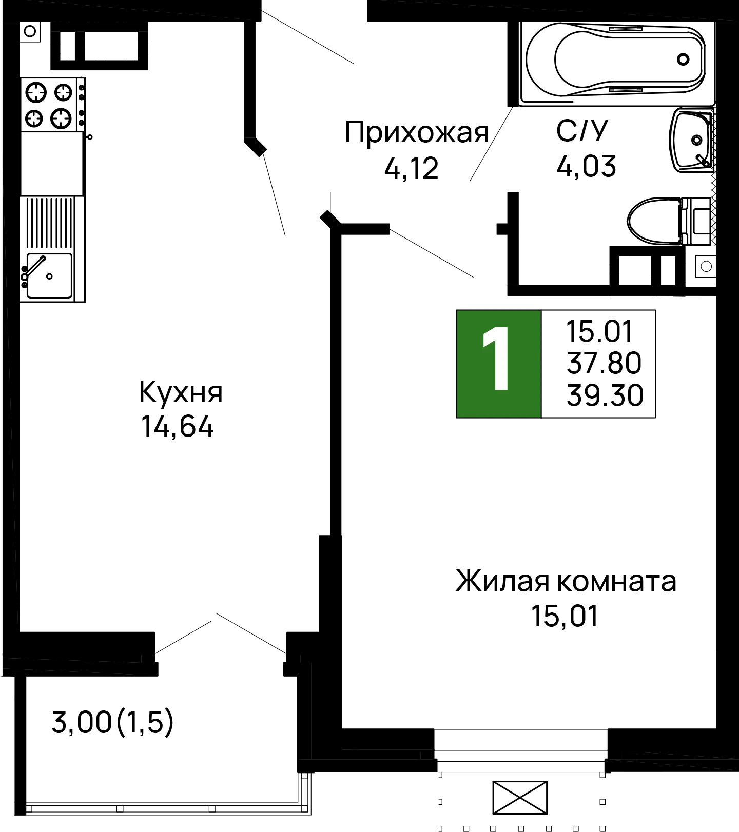 Планировка 1-комнатной квартиры 39.3 м² в ЖК Долина, г. Майкоп — фото 1