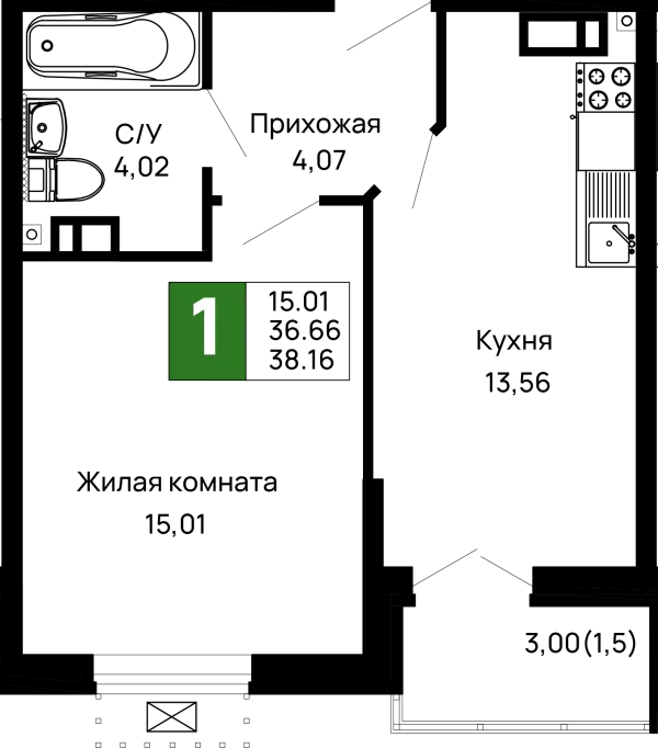 Планировка 1 комн. в ЖК Долина