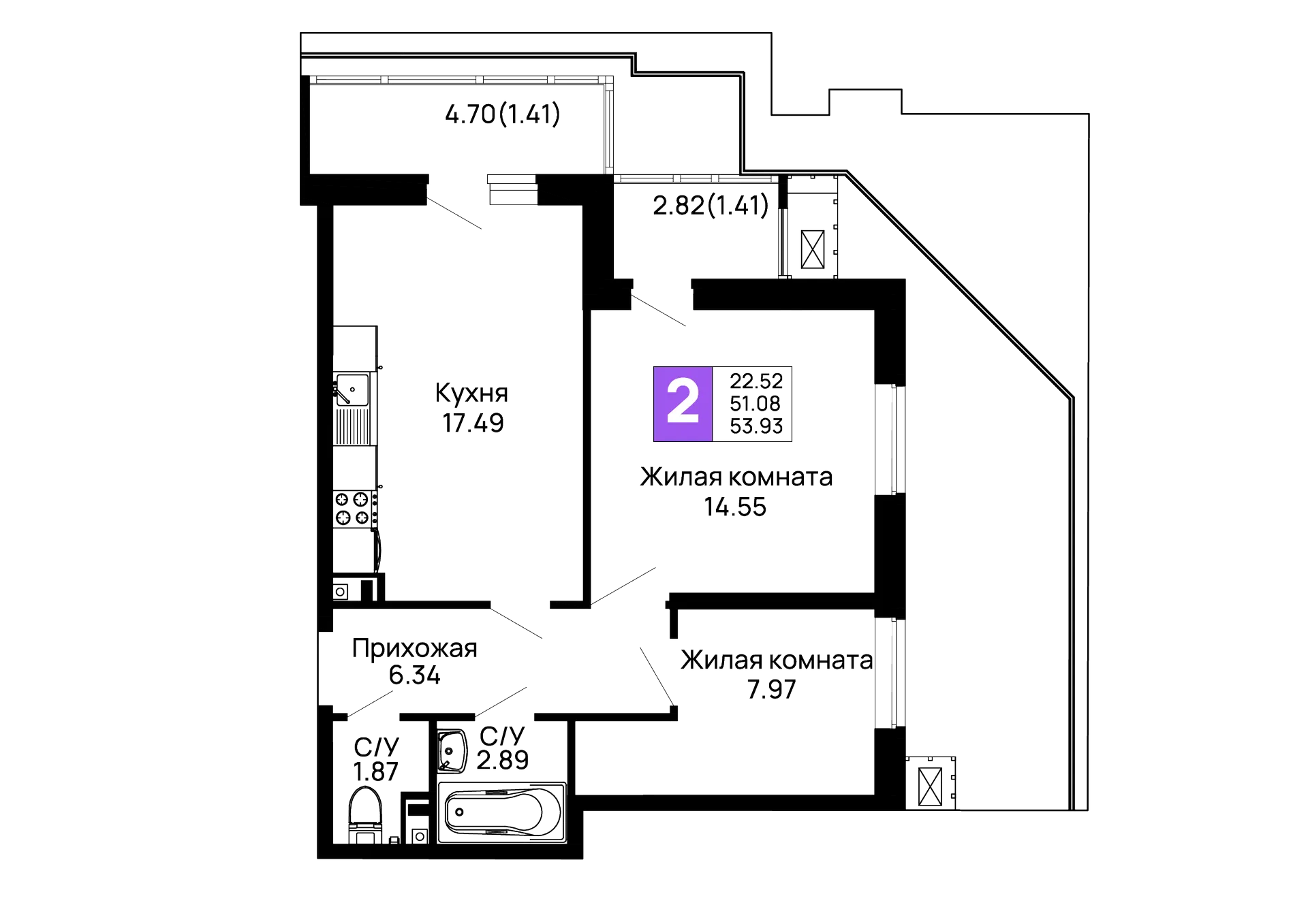 Планировка 2-комнатной квартиры 53.93 м² в ЖК Долина, г. Майкоп — фото 1
