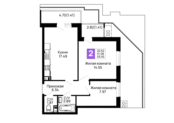 Планировка 2 комн. в ЖК Долина