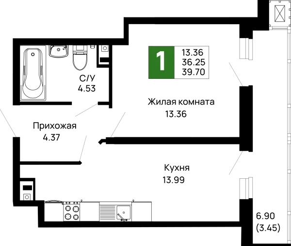 Планировка 1 комн. в ЖК Долина