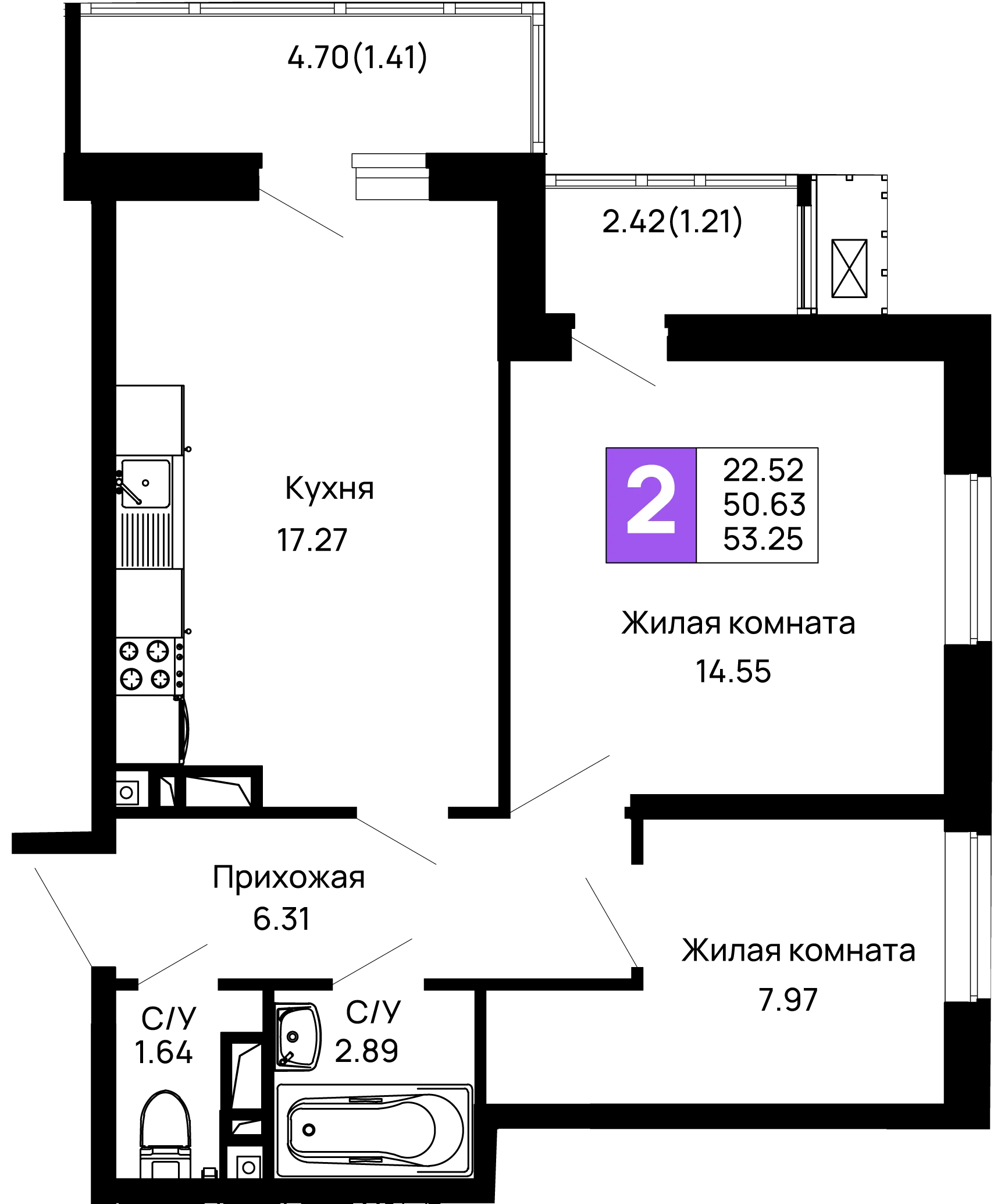 Планировка 2-комнатной квартиры 53.25 м² в ЖК Долина, г. Майкоп — фото 1