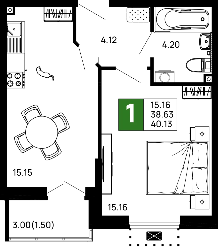 Планировка 1-комнатной квартиры 39 м² в ЖК Долина, г. Майкоп — фото 1