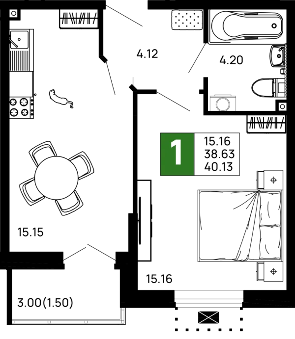 Планировка 1 комн. в ЖК Долина