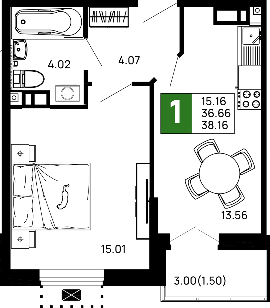 Планировка 1-комнатной квартиры 38.16 м² в ЖК Долина, г. Майкоп — фото 1