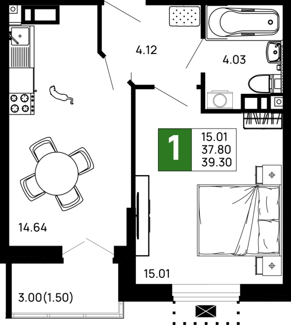 Планировка 1 комн. в ЖК Долина