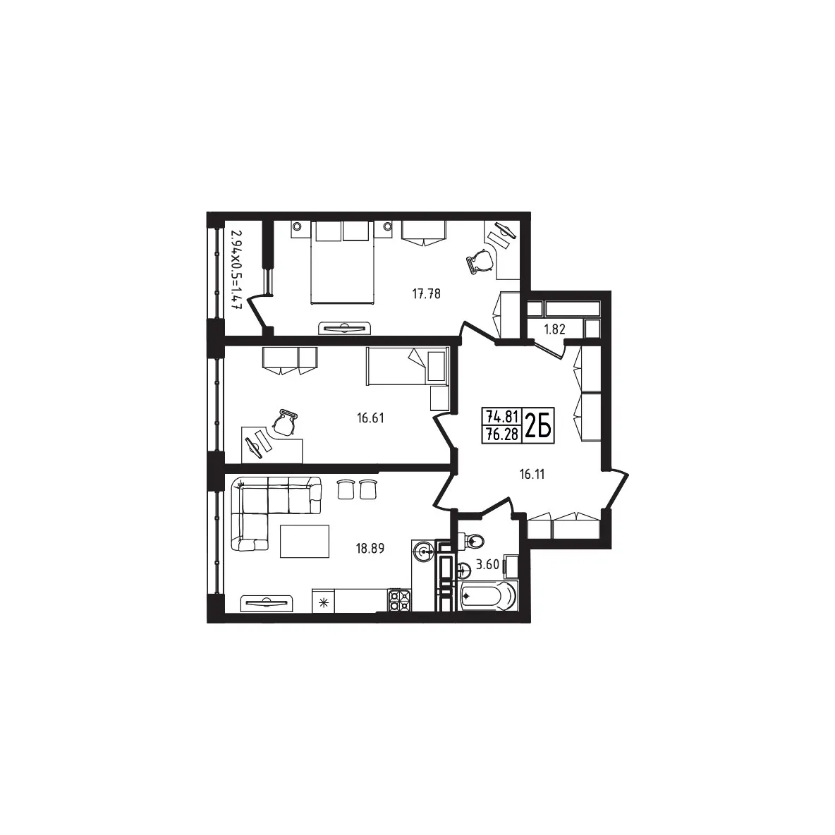 Планировка 2-комнатной квартиры 76.28 м² в ЖК Яблоневый эко район 4 очередь, г. Майкоп — фото 1