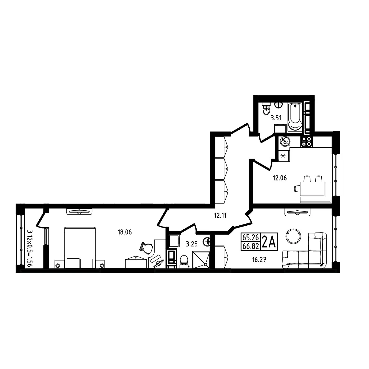 Планировка 2-комнатной квартиры 66.82 м² в ЖК Яблоневый эко район 4 очередь, г. Майкоп — фото 1