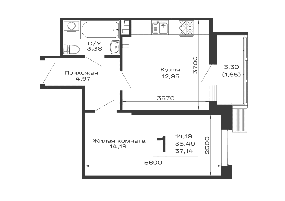 Планировка 1-комнатной квартиры 37.14 м² в ЖК Долина, г. Майкоп — фото 1