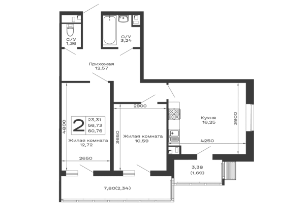 Планировка 2 комн. в ЖК Долина