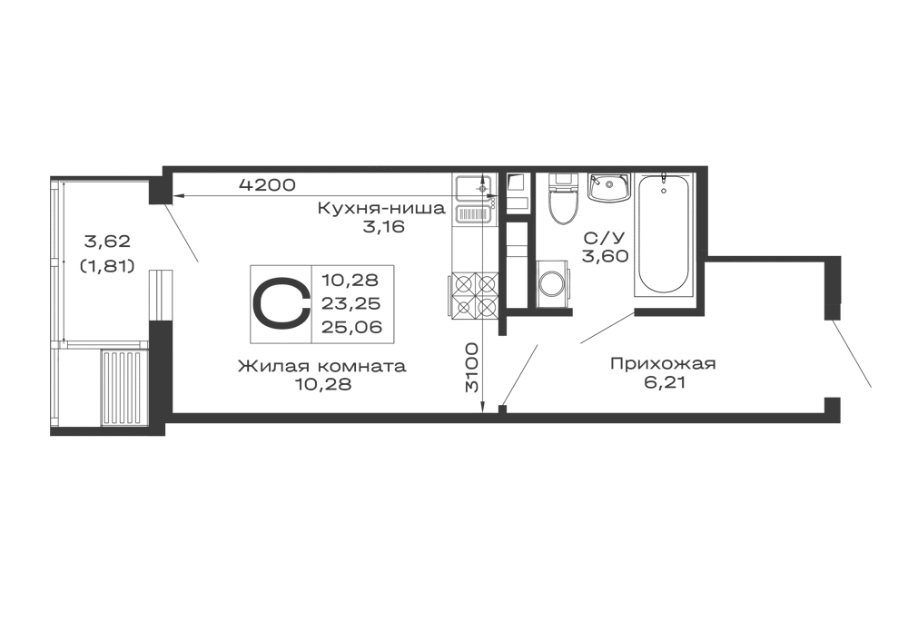 Планировка студии квартиры 25.06 м² в ЖК Долина, г. Майкоп — фото 1