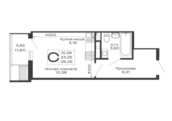 Планировка Студия в ЖК Долина
