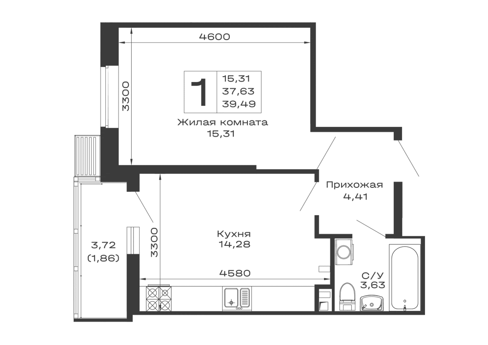 Планировка 1-комнатной квартиры 39.49 м² в ЖК Долина, г. Майкоп — фото 1