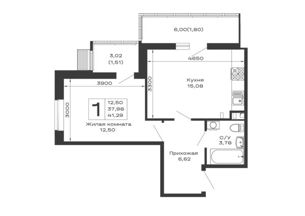 Планировка 1 комн. в ЖК Долина