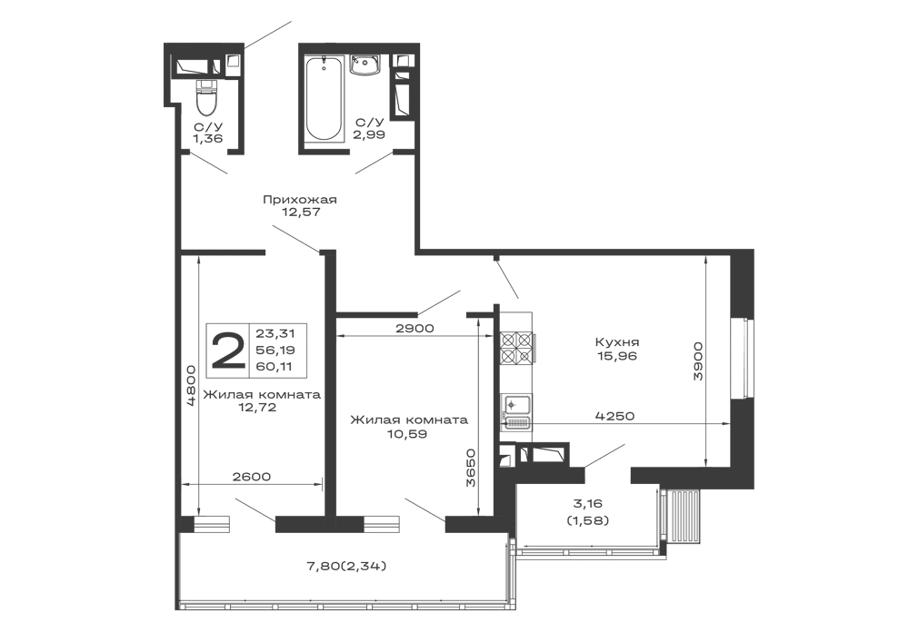 Планировка 2-комнатной квартиры 60.11 м² в ЖК Долина, г. Майкоп — фото 1