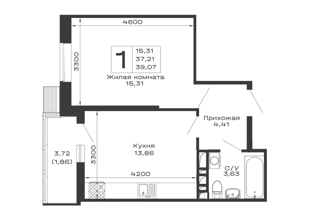 Планировка 1-комнатной квартиры 39.07 м² в ЖК Долина, г. Майкоп — фото 1