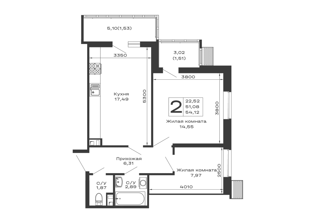 Планировка 2-комнатной квартиры 54.12 м² в ЖК Долина, г. Майкоп — фото 1